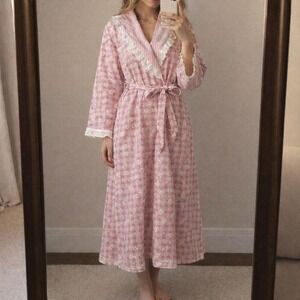 Vintage Pink Gingham Floral Robe Prairie Cottagecore Lace Trim Women Large Y2K